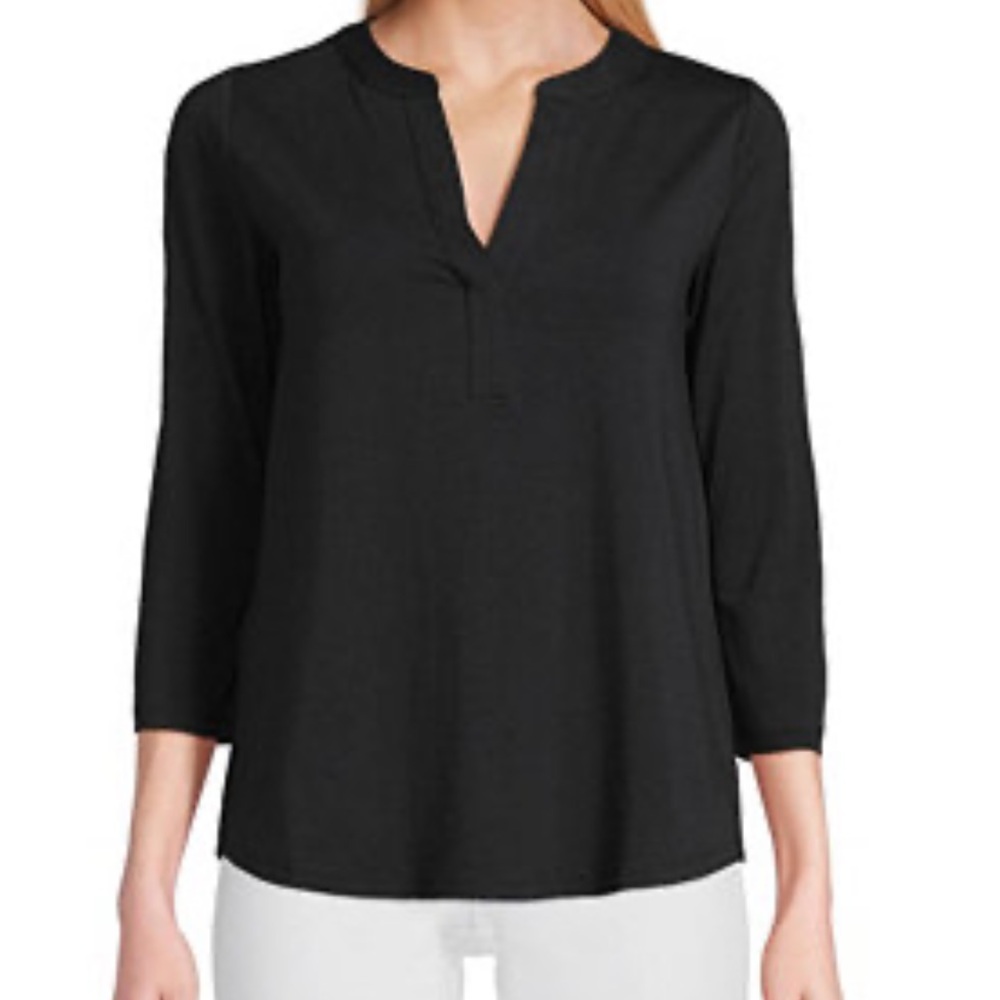 Chicos 3/4 sleeve black t shirt top tunic notch nevk split neck xs 00. EUC